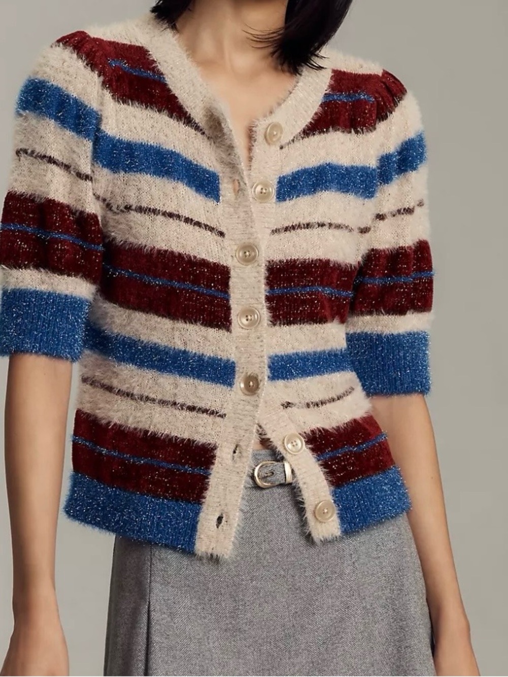 Maeve Striped Fuzzy Button-Front Cardigan in Blue, Cream & dark red